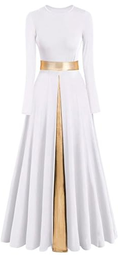 ELLYDOOR Women's Praise Dance Dress Metallic Waistband Long Swing Liturgical Worship Church Robe Dress Lyrical Dancewear Tag M, White