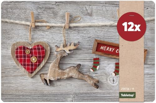 Matches21 Lot de 12 beaux sets de table lavables Sous Assiette de Table Motif Noël Merry Christmas et planche en bois 43,5 x 28,5 cm