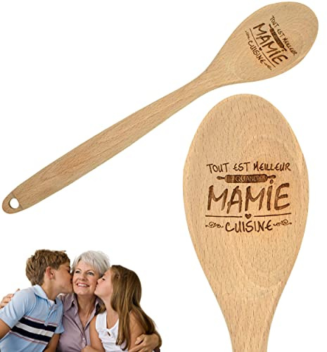 ERNESTINE - Cuillère en bois Mamie cuisine personnalisée avec texte - cadeau anniversaire Noël fête des grands mères - ustensile naturel gravé - spatule en bois