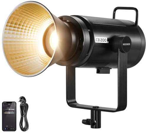 NEEWER CB200B 210W LED Video Light with 2.4G/APP Remote Control, All Metal Bi Color COB Continuous Output Lighting with Bowens Mount 90000Lux/1m 2700K-6500K CRI/TLCI97+ 12 Effects for Video Recording