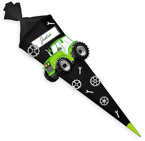 itenga Bastelschultüte Schultüte Bastelset - Schultütenrohling 85cm mit Dekoset - Zuckertüte eckig (Schwarze Tüte mit Dekoset Traktor)