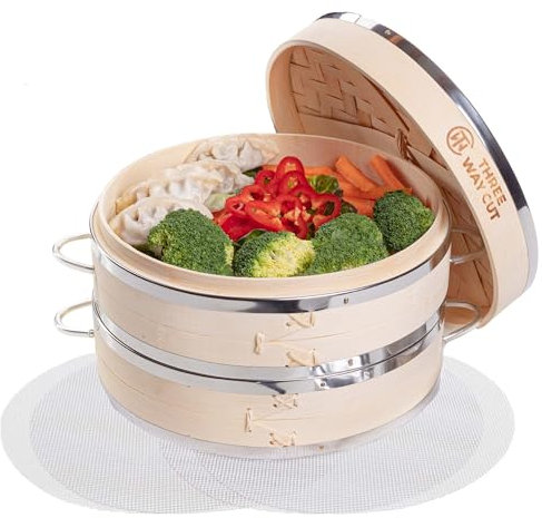 Dumpling Bamboo Steamer 10 Inch 2 Tier Wooden Basket With Handle, Reusable Silicone Liner, Kit For Cooking Baby Bao Bun, Dim Sum, Rice Potsticker Steaming Chinese Asian Food & Vegetables
