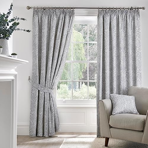 Dreams & Drapes Grey Jacobean Curtains - W46 x L72 (117 x 183cm) - 2 Panels - 100% Cotton - Tie Backs - Floral Pencil Pleat Drapes - Vintage Light Grey