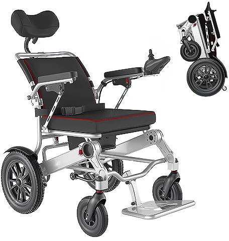 Bueuwe Leicht Faltbar Rollstuhl Elektrisch Rollstühle, Klappbar Elektrorollstuhl mit Kopfstütze, Elektrischer Rollstuhl für ältere und Behinderte Menschen, 20Ah Li-Ion Battery, Reichweite 30kg