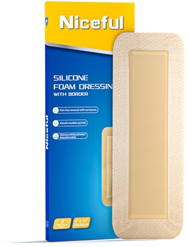 Niceful Ultra Soft Silicone Foam Dressing 4 x 12 - Large Bandages for Wounds, Highly Absorbent Waterproof Bandages for Bed Sores, Leg Ulcers, Knee Surgery 3 Count