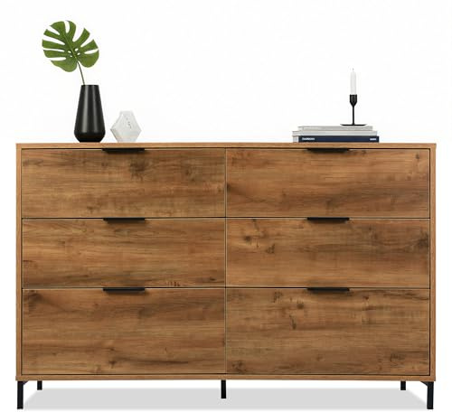 Kommode Dunkle Eiche mit 6 Schubladen, Modern Retro Stil Holz Sideboard Highboard mit Griff und Metall Beine für Schlafzimmer und Wohnzimmer, Aufbewahrungsschrank, Schubladenschrank, 120 x 40 x 83cm