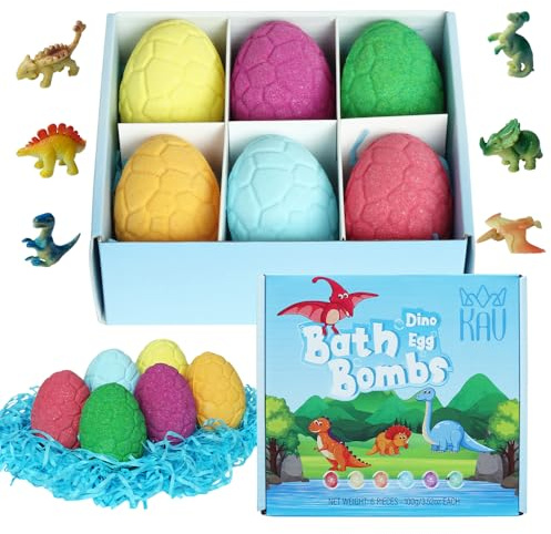 KAV Dinosaur Egg Bath Bombs for Kids – 6pc Fizzy Dino Bath Bomb Gift Set with Surprise Toy Inside – Fun Fizzy Bath Bombs for Boys & Girls, Birthday Gift, Stocking Stuffer, Kids Spa Set