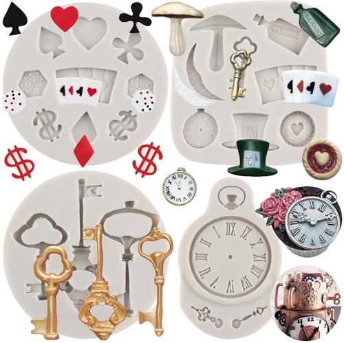 MYPRACS Set di 4 stampi in silicone a forma di cappello di Alice nel Paese delle Meraviglie, stile vintage, a forma di orologio, carte da gioco, caramelle, decorazioni per torte, cupcake, pasta di