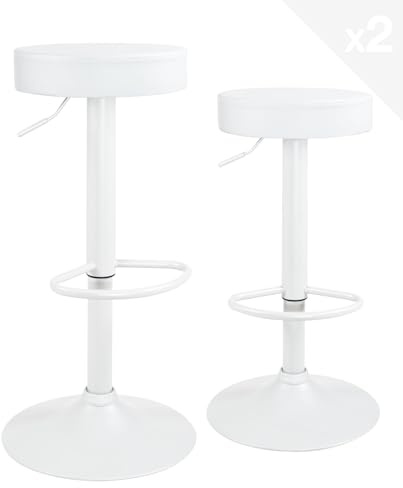 KAYELLES - Lote de 2 taburetes para Bar, Asiento Gris, Redondo, Piel sintética, sin Respaldo, Altura Ajustable, Soporte para pies, pivotantes 360°, pie Blanco YO (Blanco Integral)