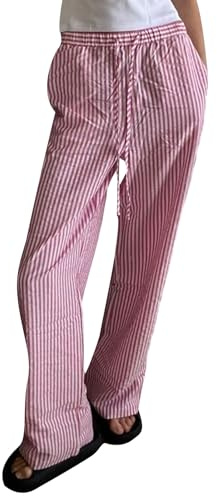 Femmes Y2K Pantalon en Lin Rayé à Carreaux avec Taille Élastique - Palazzo Décontracté à Jambes Larges et Cordon de Serrage Streetwear