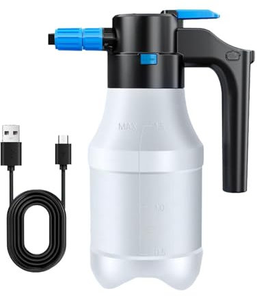 Milageto 1.5L Elektrische Autowaschbrause Flasche, Großes Fassungsvermögen Schaumsprüher, 75° Weitwinkelsprühung, Hochdrucksprüher für Auto LKW Gartenarbeit Küche Haushalt, Blau weiß