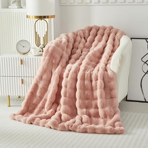 Manta de peluche de conejo, manta suave, gruesa, 1000 g/m², manta de franela cálida, manta para sofá, manta versátil, para cama, sofá, dormitorio, oficina, color rosa, 130 x 160 cm