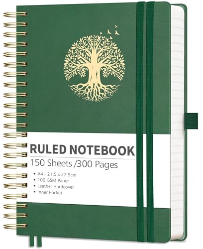 RETTACY A5 Notebook-Spiral Bound Notebook Journal for Men,Lined 300 Pages Hardback Leather Note Pad with 100gsm Thick Paper for Writing,Inner Pocket,Sticky Notes,14.5 x 20.7cm - DarkGreen