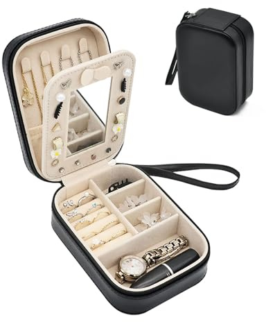 Boxudeli schmuckkästchen klein mit Handschlaufe, kleine Schmuckschatulle aus PU-Leder mit Spiegel, Reiseschmuckschatullen für Frauen und Mädchen, Schmuckorganizer-Aufbewahrungsbox (schwarz)