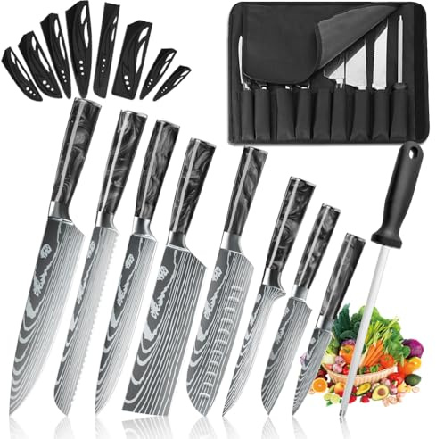 MDHAND Set de Couteaux de Cuisine, 8 pièces couteau cuisine professionnelle avec étui à roulettes, acier inoxydable à haute teneur en carbone extrêmement tranchant Ensemble de couteaux de cuisine