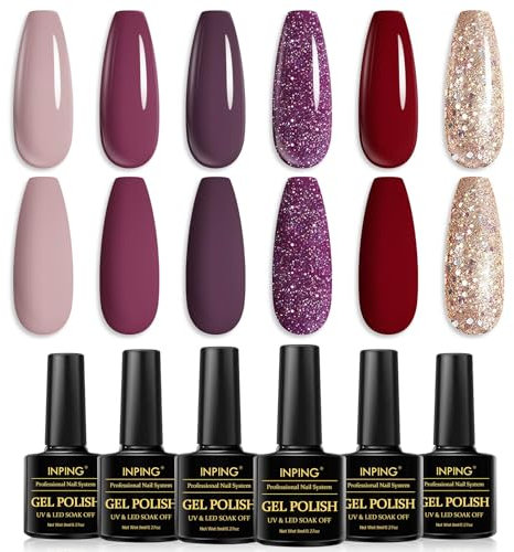 INPING Gel Nail Polish, 6 Colors Purple Plum Gel Polishes, Dark Purple Vampy Reds Maroon Sparky Gold Autumn Winter Glitter Nail Varnish Soak Off UV LED for Christmas Halloween Nail Art Salon