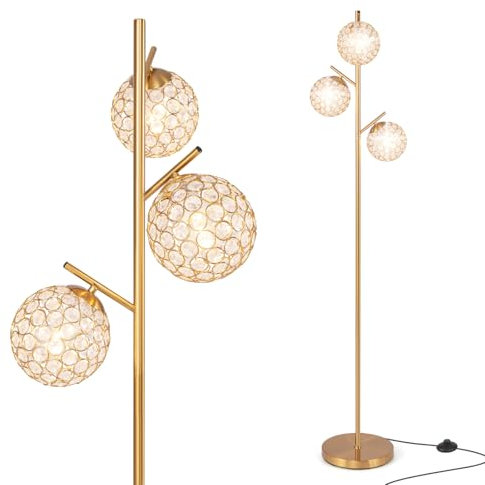 HOMASIS Stehlampe 169cm, Metall Stehleuchte mit 3 Lampenschirmen, E27 Standleuchte mit stabilem Sockel & Fußschalter, Standlampe Bodenlampe Leselampe für Wohnzimmer Schlafzimmer, Gold
