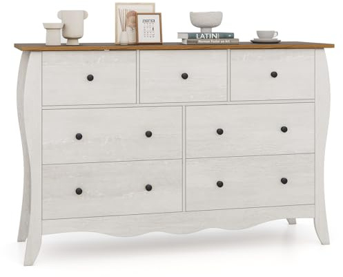 COSTWAY Cómoda de Dormitorio, Comodas con 7 Cajones de Madera, Cajonera de Dormitorio con Cajones de Tela Plegables y Kit Antivuelco para Guardería, Sala de Estar, Pasillo,Gris