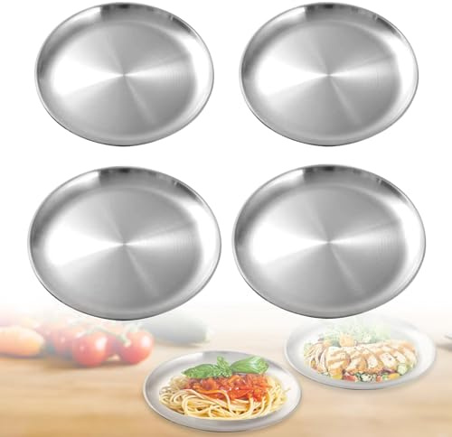 LEKEFETO 4 stycken rostfria tallrikar Φ 20 cm & 23 cm, runda tallrikar i rostfritt stål, campingtallrik, stabil tallrik i rostfritt stål för camping, picknick, vandring, kök