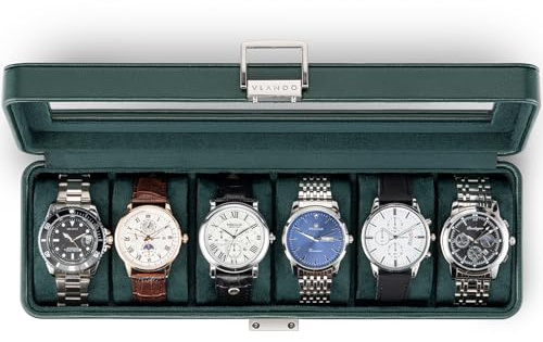 Vlando Watch Case for Men, 6-Slot Watch Box with Glass Lid, Lockable, Business Lychee Leather, Soft Pillow, Gift for Fathers, Husband, Friend - Dark Green
