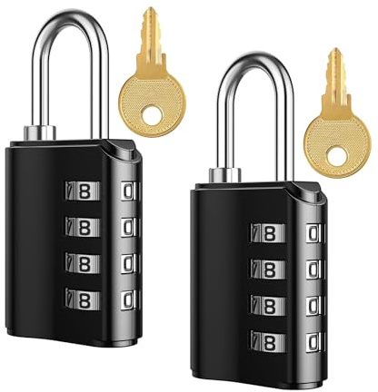 2 Pack Resettable Combination Padlock 4 Digit with Keys Heavy Duty Security Lock for Gym, School, Sports, Employee Lockers, Fence, Gate, Toolbox, Suitcase and More, Zinc Alloy Body (Black)