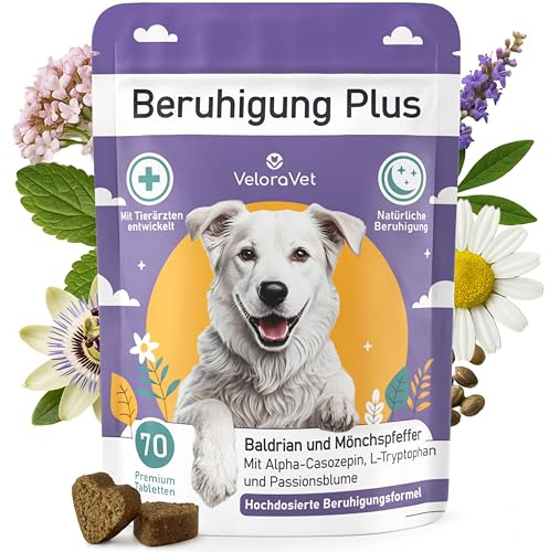 VeloraVet Beruhigung Plus für Hunde Kautabletten mit Baldrian & Kamille | 70 Hunde-Snacks für mehr Seelenruhe bei Stress, Angst, Reise, Gewitter & Silvester mit Melisse, Passionsblume, L-Tryptophan
