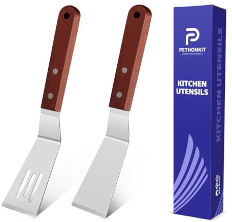 Set di piccole spatole in metallo per padelle in ghisa, mini spatole in legno per uso in cucina, con bordo smussato sottile in acciaio inox, spatola per biscotti, brownie, paletta per servire torte