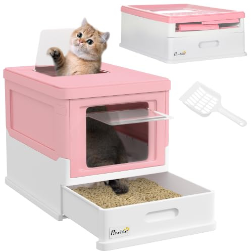 PawHut Lettiera per Gatti Chiusa Pieghevole 47.5x35.5x36.7 cm Rosa e Bianco | PP, Paletta Inclusa, Cassetta Igienica per Gatto, Vassoio Estraibile, 2 Porte