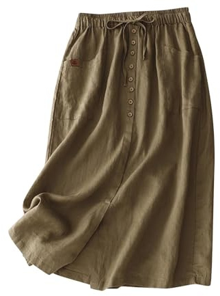 Mrat Leinenröcke für Damen, Sommer, A-Linie, fließend, lässig, Kordelzug, elastisch, hohe Taille, Knopfleiste, Midi-Röcke mit Schlitz, Baumwoll-Leinen, Swing-Rock, Ausgehen, Arbeit, Büro, Verkauf