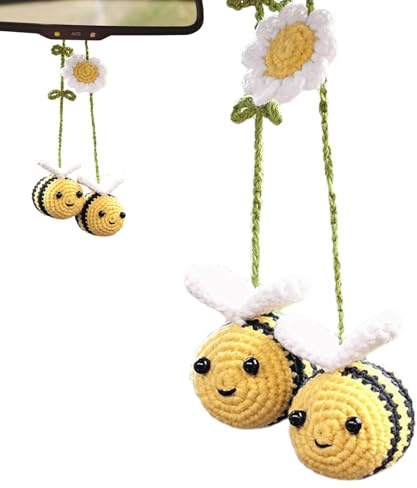 Gehäkelte Biene Auto Ornament mit Dekoration, gestrickte Biene Anhänger Glasbügel für Rückspiegel