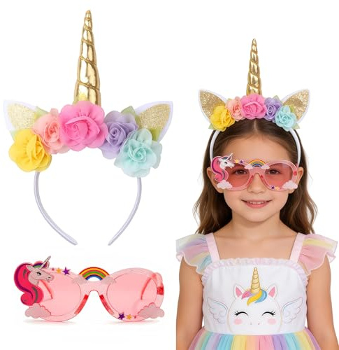 Wryzorix Einhorn Kostüm Kinder Accessoires, 2 Stück Kopfschmuck Partybrille Einhorn Haarreif, Unicorn Cosplay Kostüme Kleid Faschingskostüme Kostüm Karneval Einhorn Haarreif Kinder
