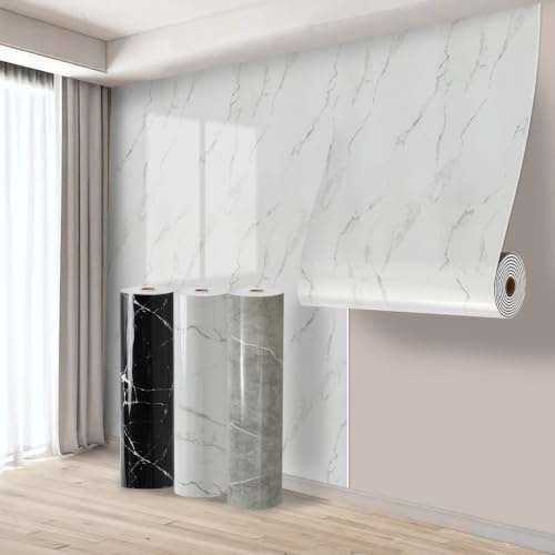 Baketron 2 Roll Marmor Folie Selbstklebende Tapeten 40X300cm Klebefolie Küche Wasserfes Selbstklebende Fliesen Bad Wandfliesen in Marmoroptik Küchenrückwand Wohnzimmer Weiß