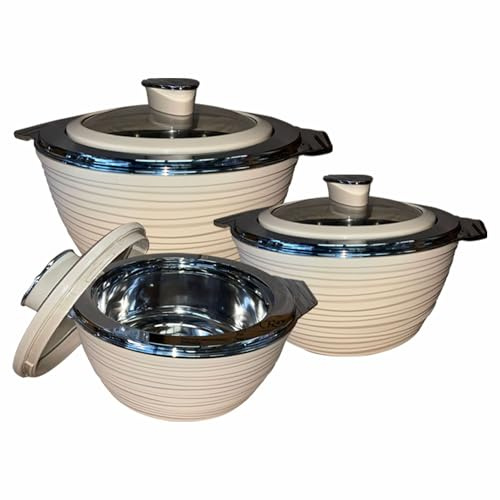 TENLITE Ultra Casserole Set of 3 (1000ml, 1500ml, 2000ml) – Elegant Beige Insulated Hot Pot with Glass Lid & Double Wall Stainless Steel – BPA-Free, Keeps Food Hot & Fresh for Hours