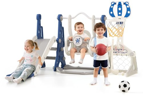BIERUM Toddler Swing and Slide Set - 6 in 1 Baby Slide for Toddlers Age 1-2, with Basketball Hoop, Soccer and Golf Game, Indoor Outdoor Toddler Playset Blue