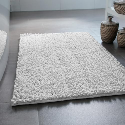 Wecon Home Basics Benno - Tappeto da bagno in ciniglia a pelo alto morbido, antiscivolo, lavabile in lavatrice, caldo e accogliente (80 x 150 cm, bianco)