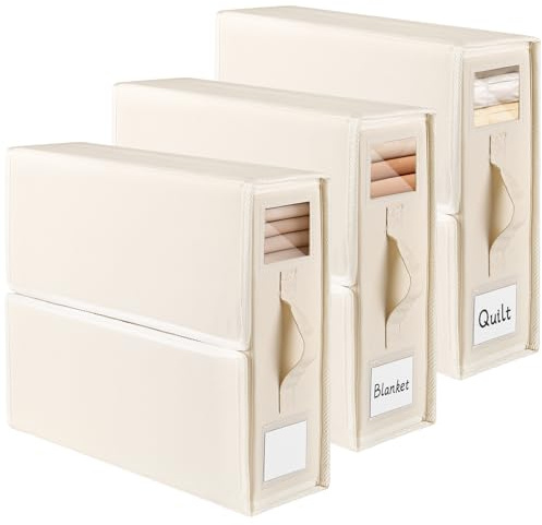 JAECU Set med 3 förvaringspåsar för lakan, oxfordtyg, hopfällbar förvaringslåda med fönster och etikett för under sängar, skåp, lådor (beige)