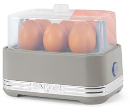 Salter Rise Egg Cooker - Poach, Soft or Hard-Boil up to 6 Eggs, 400W, 2 Poaching Trays, Measuring Cup & Removable Rack, Easy-Storage, Compact Matte Grey Design with Indicator Light