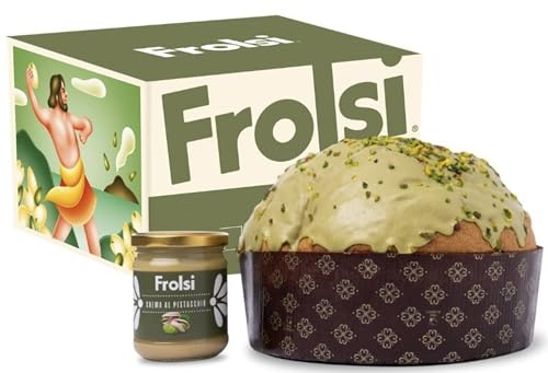 Delizioso Panettone Artigianale ad Impasto Naturale -FROLSI- con Glassa al Pistacchio e Vasetto di Crema al Pistacchio Spalmabile, 1 Kg.