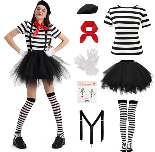 Cheffery Costume Mimo Donna, 10 Pezzi Vestito Pantomime Donna con Top a Righe, Gonna a Sbuffo, Basco, Sciarpe, Guanti, Tatuaggio Viso, Bretelle Regolabili, Costume Circo Donna per Carnevale (L)