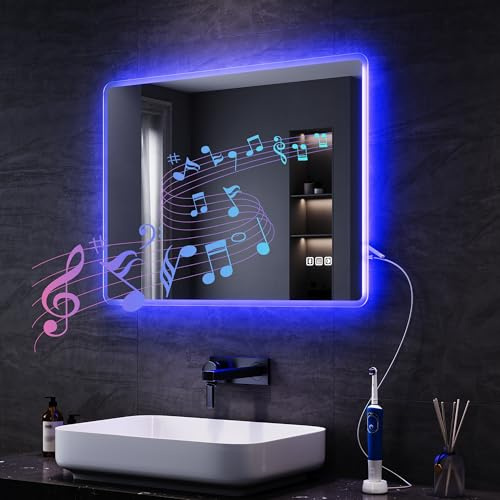 SONNI Badrumsspegel med belysning 70 x 50 cm, LED-spegel med Bluetooth och touch-brytare, dimbar, dimfri, 3 justerbara ljusfärger, uttag
