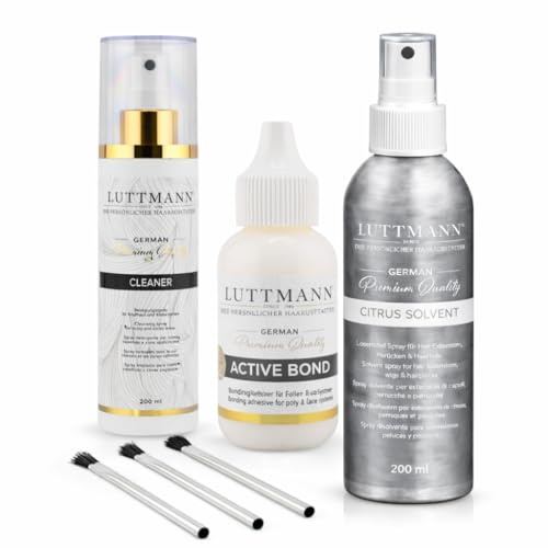 LUTTMANN® Kit Sistema Capilar – Set de Limpieza, Fijación y Retirada con Cleaner, Adhesivo Active Bond, Solvente Citrus y 3 Pinceles – para Pelucas, Extensiones y Sistemas Capilares – Made in Germany