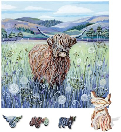 Wentworth Wooden Puzzles Scottish Highland Cow - 240 Pcs Adult Jigsaw Puzzle, Themed Irregular Pieces, Lucy Grossmith' Design for Animal Lovers - Sustainably Sourced Wood and British Made