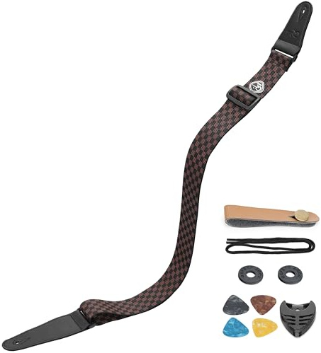 Sunya Nylon-Gitarrengurt, 5 cm breit mit Vollnarbenleder-Enden, inkl. Gummi-Strap-Locks und Picks, verstellbar 88–145 cm für Akustik-, E- und Bassgitarren