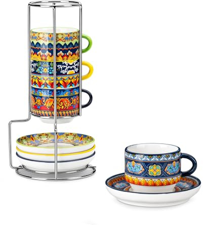vancasso KRVI Espresso Cups Set of 4, 75ml Porcelain Cup and Saucer Set | Coffee Cups with Metal Stand, Microwave & Dishwasher Safe, Cup Suitable for Turkish Coffee, Espresso, Macchiato