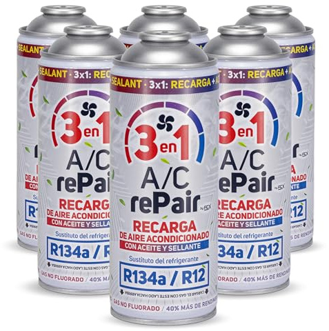AC REPAIR 3 en 1 Recarga Aire Acondicionado Coche con Aceite Sellante Detector Tapa Fugas 220g Sustituto Gas Refrigerante R134a R12 Fácil de Usar Recambio Sellador Compatible Coches 1992-2016 (Pack 6)