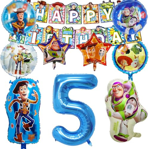 5 Jahr Jungen geburtstags deko, 10 Stück Geburtstags ballon deko mit Cartoon- und Anime-Motiven, Enthalten Banner, Runden, Zahlen- und Personenballons, Geeignet für Kindergeburtstagsdekorationen