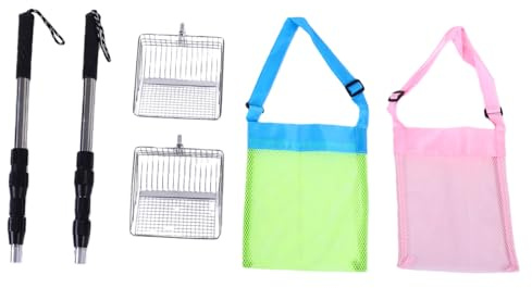Fockety Setaccio per Sabbia da Spiaggia, Pala in Rete con Borse per Conchiglie con Manico Retrattile, Setaccio per Denti in Metallo per la Raccolta di Conchiglie, Vetro (2 Pale+2 Borse per)