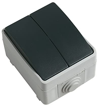 Amig - Interrupteur Double Étanche IP54 | 10A, 230V, 2300W | Polycarbonate Résistant pour Extérieur et Intérieur | Idéal Terrasses et Jardins, Gris, Polycarbonate