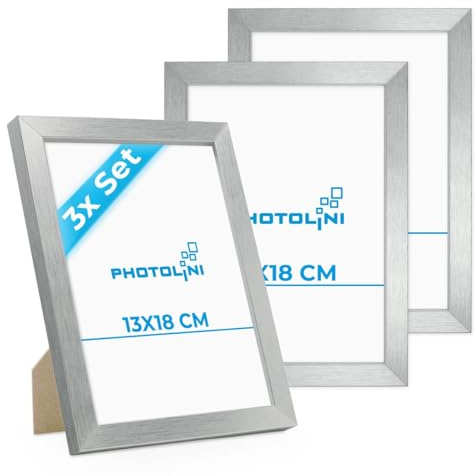 PHOTOLINI 3er Bilderrahmen 13x18 Silber, Bilderrahmen 13x18 Holz MDF, Fotorahmen 13 x 18 mit Acrylglas, Bilder Rahmen 13 x18 Aufhängen & Aufstellen, Picture Frame mit Zubehör für Fotos, Poster