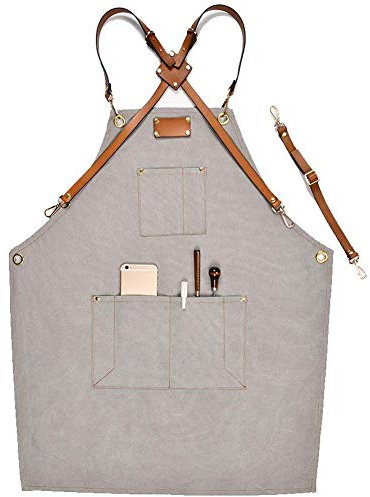 NanXi Multifunktionale Jeans Schürze, Mehrzweck Schürze Kochschürze Mit Tasche Unisex Garten- / Kaffee Arbeitsschürze Mit Verstellbarem Lederriemen,Grau